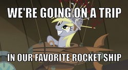 Size: 600x331 | Tagged: safe, screencap, derpy hooves, pegasus, pony, g4, slice of life (episode), colander, derpy being derpy, female, flying machine, image macro, little einsteins, mare, meme, muffin 1, rocket, solo
