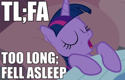 Size: 775x500 | Tagged: safe, edit, edited screencap, screencap, twilight sparkle, alicorn, pony, g4, princess spike, bed, blanket, caption, didn't read, eyes closed, female, image macro, meme, open mouth, pillow, reaction image, sleeping, snoring, solo, tl;dr, twilight sparkle (alicorn)