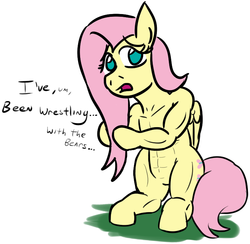 Size: 730x712 | Tagged: safe, artist:jargon scott, fluttershy, g4, dialogue, female, muscles, muscleshy, solo