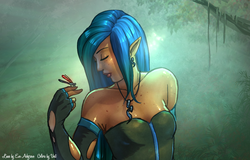 Size: 1280x818 | Tagged: safe, artist:eve-ashgrove, artist:vest, queen chrysalis, human, g4, clothes, dress, earring, elf ears, evening gloves, eyes closed, female, fingerless elbow gloves, gloves, humanized, piercing, solo