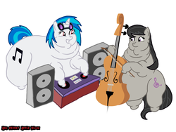 Size: 1024x768 | Tagged: safe, artist:1992zepeda, dj pon-3, octavia melody, vinyl scratch, g4, slice of life (episode), cello, dj table, double chin, fat, fatavia, morbidly obese, musical instrument, obese, vinyl fat, wrong eye color