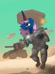 Size: 768x1024 | Tagged: source needed, safe, artist:사렌지, oc, oc only, oc:porny, alicorn, pony, alicorn oc, blue skin, call of duty, clothes, desert, gun, military, plane, purple hair, red eyes, sand, tank (vehicle), vest