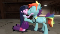 Size: 1360x768 | Tagged: safe, artist:mk513, rainbow dash, twilight sparkle, equestria girls, g4, 3d, female, gmod, goggles, half r63 shipping, humanized human on pony action, interspecies, kissing, male, rainbow blitz, rule 63, ship:twiblitz, shipping, straight, twilight sparkle (alicorn)