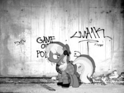 Size: 2592x1944 | Tagged: artist needed, safe, earth pony, pony, 90s cheerilee, female, graffiti, headphones, mare, monochrome, solo, vector, wall, wallpaper