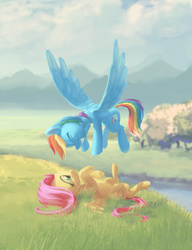 Size: 827x1076 | Tagged: safe, artist:hunternif, fluttershy, rainbow dash, pegasus, pony, cloud, cute, dashabetes, eyes closed, female, field, flutterdash, flying, grass, grass field, grin, lesbian, lying down, meadow, mountain, on back, open mouth, open smile, river, scenery, scenery porn, shipping, shyabetes, sky, smiling, spread wings, water, wings