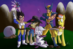 Size: 1024x683 | Tagged: safe, artist:jorobro, carrot cake, double diamond, seabreeze, sheriff silverstar, breezie, earth pony, pony, g4, brian drummond, crossover, dragon ball, dragon ball z, male, stallion, vegeta, voice actor joke, wolverine, x-men