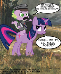 Size: 750x911 | Tagged: safe, artist:piotrmil, spike, twilight sparkle, dragon, pony, unicorn, g4, artifact, dialogue, female, fine art parody, male, mare, marshall piłsudski, parody, piłsudski on horseback, poland, polish, translated in the description, unicorn twilight