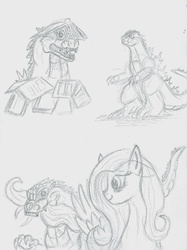 Size: 1575x2103 | Tagged: safe, artist:thegojirasaurus, fluttershy, kaiju, g4, book, crossover, godzilla, godzilla (series), godzilla junior, godzillashy, minya, monochrome, tail bite, traditional art