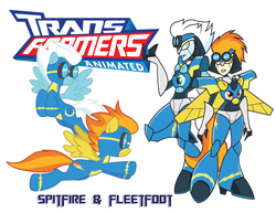 Size: 3300x2550 | Tagged: safe, artist:inspectornills, fleetfoot, spitfire, pegasus, pony, robot, g4, crossover, duo, duo female, female, high res, transformares, transformerfied, transformers, transformers animated, wonderbolts, wonderbolts uniform