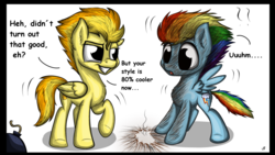 Size: 1024x576 | Tagged: safe, artist:lupiarts, rainbow dash, spitfire, pony, g4, alternate hairstyle, bomb, dialogue, duo, female, filly, filly rainbow dash, filly spitfire, simple background, younger