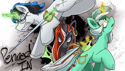 Size: 3000x1688 | Tagged: safe, artist:dracojayproduct, lyra heartstrings, oc, oc:gosthette, oc:pennaprose, pony, g4, sword, trio