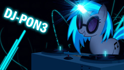 Size: 1920x1080 | Tagged: safe, artist:templarhappy, artist:uxyd, dj pon-3, vinyl scratch, pony, unicorn, g4, female, glowing, horn, lens flare, magic, mare, smiling, solo, sunglasses, teeth, text, turntable, vector, wallpaper