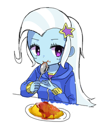 Size: 536x672 | Tagged: safe, artist:weiliy, trixie, equestria girls, g4, cute, diatrixes, eating, female, omurice, simple background, solo, spoon, white background