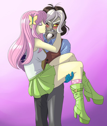 Size: 1000x1176 | Tagged: safe, artist:pusspuss, discord, fluttershy, equestria girls, g4, age difference, blushing, boots, clothes, equestria girls-ified, female, kissing, legs, male, ship:discoshy, shipping, skirt, straight, tank top