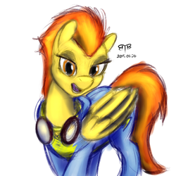 Size: 750x750 | Tagged: safe, artist:btbunny, spitfire, pegasus, pony, g4, 2015, eyeshadow, female, goggles, lidded eyes, looking at you, makeup, mare, open mouth, simple background, smiling, solo, white background, wonderbolts