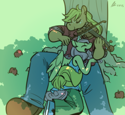 Size: 500x461 | Tagged: safe, artist:rwl, applejack, fluttershy, anthro, g4, apple, clothes, eyes closed, female, hug, lesbian, musical instrument, open mouth, shade, ship:appleshy, shipping, tank top, tree, violin