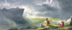 Size: 2350x1000 | Tagged: dead source, safe, artist:shamanguli, doctor whooves, roseluck, time turner, earth pony, pony, g4, cloud, female, looking at each other, male, mare, scenery, scenery porn, stallion, technically advanced