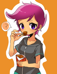Size: 700x900 | Tagged: safe, artist:weiliy, scootaloo, chicken, equestria girls, g4, cannibalism joke, cute, cutealoo, eating, female, implied cannibalism, scootachicken, solo