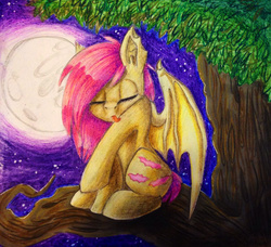 Size: 937x853 | Tagged: safe, artist:theorderofalisikus, fluttershy, bat pony, pony, g4, eyes closed, female, flutterbat, full moon, grooming, moon, night, sitting, sitting in a tree, solo, traditional art, tree