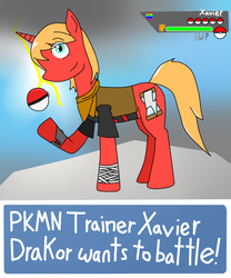 Size: 1000x1200 | Tagged: safe, artist:xavierbronyxiii, oc, oc only, oc:xavier drakor, pony, unicorn, poké ball, pokémon, pokémon trainer, solo