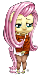 Size: 396x700 | Tagged: safe, artist:pia-sama, fluttershy, anthro, plantigrade anthro, comic:rogue diamond, g4, chibi, clothes, female, sandals, solo, sweater, sweatershy, tank top