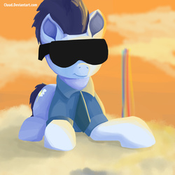 Size: 2000x2000 | Tagged: safe, artist:cluud, soarin', pegasus, pony, g4, badass, cloud, cloudsdale, cloudy, high res, male, old cutie mark, rainbow, solo, stallion, sunglasses, sunset, wonderbolts, wonderbolts dress uniform, wonderbolts uniform