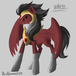 Size: 2000x2000 | Tagged: safe, artist:dreamyartcosplay, pegasus, pony, angry, angry grin, armor, black sclera, chestplate, furious, gray background, high res, male, ponified, red eyes, signature, simple background, sin of wrath, solo, spread wings, stallion, wings
