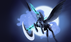Size: 3675x2175 | Tagged: safe, artist:mick-o-maikeru, nightmare moon, alicorn, pony, g4, armor, axe, badass, battle axe, epic, female, high res, solo, wallpaper, weapon