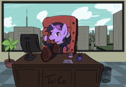 Size: 2291x1583 | Tagged: safe, artist:liracrown, twilight sparkle, g4, businessmare, chair, city, cityscape, computer screen, desk, mug, my little ceo, office, phone, trash can, window