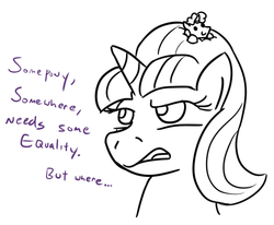 Size: 500x411 | Tagged: safe, artist:jargon scott, party favor, starlight glimmer, pony, unicorn, g4, dialogue, hair, macro, micro, monochrome, size difference, tiny ponies
