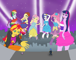 Size: 1957x1567 | Tagged: safe, artist:final7darkness, applejack, flash sentry, fluttershy, pinkie pie, rainbow dash, rarity, sci-twi, spike, sunset shimmer, twilight sparkle, dog, equestria girls, g4, my little pony equestria girls, armpits, attack on pony, attack on titan, city, clothes, dancing, dress, fall formal, fall formal outfits, female, giantess, humane five, humane seven, humane six, lights, macro, male, night, request, requested art, ship:flashimmer, ship:flashlight, ship:sunsetspike, shipping, shoes, sky, spike the dog, stars, straight, suit, this is our big night, tuxedo, twilight sparkle (alicorn)