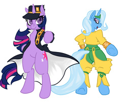 Size: 1236x1010 | Tagged: safe, artist:whale, trixie, twilight sparkle, pony, g4, bipedal, crossover, dio brando, jojo's bizarre adventure, jotaro kujo