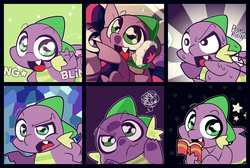 Size: 1280x860 | Tagged: dead source, safe, artist:panyang-panyang, spike, twilight sparkle, g4, book, sweat