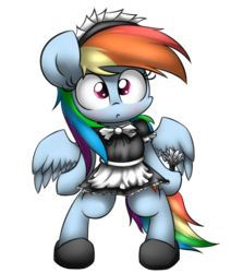 Size: 2500x2800 | Tagged: safe, artist:heavymetalbronyyeah, rainbow dash, pegasus, pony, semi-anthro, g4, bipedal, blushing, clothes, cute, dress, female, high res, maid, mare, puffy sleeves, rainbow dash always dresses in style, rainbow maid, simple background, solo, surprised, transparent background