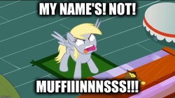 Size: 884x500 | Tagged: safe, artist:mysteryben, edit, derpy hooves, pegasus, pony, epic rage time, g4, discussion in the comments, female, image macro, male, mare, meme, muffin, my name's not rick, patrick star, spongebob squarepants, that one nameless background pony we all know and love, the fry cook games