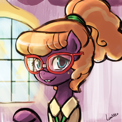 Size: 750x750 | Tagged: safe, artist:lumineko, frazzle rock, pony, g4, princess spike, adorkable, beautiful, clothes, cute, dork, female, frazzlebetes, freckles, glasses, looking at you, mare, meganekko, open mouth, pretty, solo