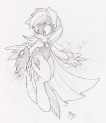 Size: 857x1000 | Tagged: safe, artist:dfectivedvice, rainbow dash, anthro, g4, female, grayscale, monochrome, simple background, solo, superhero, traditional art, white background