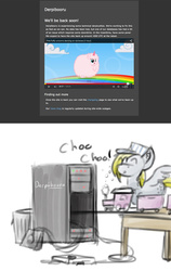 Size: 900x1421 | Tagged: safe, screencap, derpy hooves, pegasus, pony, derpibooru, pink fluffy unicorns dancing on rainbows, g4, derpy hooves tech support, female, friendship express, mare, meta, server, solo