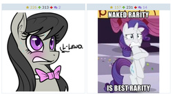 Size: 621x350 | Tagged: safe, artist:reiduran, octavia melody, rarity, derpibooru, g4, blushing, exploitable meme, juxtaposition, juxtaposition win, meme, meta, naked rarity