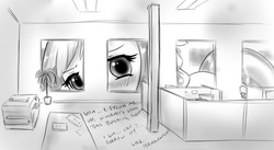 Size: 1256x689 | Tagged: safe, artist:alloyrabbit, oc, oc only, oc:sequoia, pony, blushing, building, city, dialogue, giant pony, macro, monochrome, office, solo