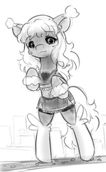 Size: 411x662 | Tagged: safe, artist:alloyrabbit, oc, oc only, oc:truffle, pony, belly button, bipedal, car, city, clothes, giant pony, macro, midriff, monochrome, rearing, sketch, skirt, solo