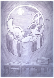 Size: 915x1306 | Tagged: safe, artist:sherwoodwhisper, twilight sparkle, pony, unicorn, g4, book, cute, eyes closed, female, full moon, golden oaks library, horn, leaves, lying down, mare, monochrome, moon, on back, sketch, sleeping, solo, sweet dreams fuel, traditional art, tree, twiabetes, unicorn twilight, window