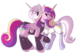 Size: 1015x717 | Tagged: safe, artist:lulubell, fleur-de-lis, princess cadance, alicorn, pony, unicorn, g4, bedroom eyes, choker, clothes, collar, cutie mark, duo, female, fleurdance, folded wings, garter belt, garters, grin, heart, horn, infidelity, latex, latex stockings, leotard, lesbian, mare, shipping, simple background, smiling, socks, stockings, striped socks, tail, thigh highs, transparent background, wings