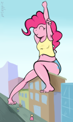 Size: 768x1280 | Tagged: safe, artist:moppiethedawg, pinkie pie, earth pony, anthro, plantigrade anthro, g4, armpits, barefoot, belly button, building, city, clothes, daisy dukes, eyes closed, feet, giantess, macro, midriff, stretching, tank top