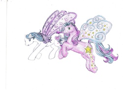 Size: 3509x2550 | Tagged: safe, artist:strangemagicbus, heart bright, star flight, g3, high res, simple background, traditional art