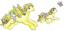 Size: 2328x1140 | Tagged: safe, artist:strangemagicbus, baby lofty, lofty, butterfly, pegasus, pony, g1, baby, baby lofty can fly, baby loftybetes, baby pony, blue bow, bow, cute, female, filly, flying, foal, lofty can fly, loftybetes, mare, mother, mother and daughter, pink bow, simple background, tail, tail bow, white background