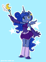 Size: 1531x2032 | Tagged: safe, artist:glacierclear, princess luna, anthro, g4, armpits, clothes, dress, evening gloves, female, gloves, magical girl, socks, solo