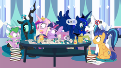 Size: 1230x690 | Tagged: safe, artist:dm29, flash sentry, princess cadance, princess luna, queen chrysalis, shining armor, spike, twilight sparkle, alicorn, changeling, changeling queen, dragon, pegasus, pony, unicorn, g4, apple juice, argument, baby, baby dragon, book, cider, coffee, crystal empire, cute, diasentres, drink, dungeons and dragons, female, go-karting with bowser, juice, male, ogres and oubliettes, orange juice, sitting, spikabetes, tabletop game, twilight sparkle is not amused, unamused