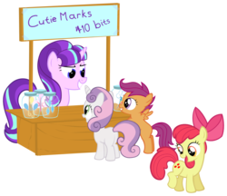 Size: 1000x863 | Tagged: safe, artist:sollace, apple bloom, scootaloo, starlight glimmer, sweetie belle, earth pony, pegasus, pony, unicorn, g4, the cutie map, applejack's cutie mark, bad end, booth, butt, capitalist communist, cutie mark, cutie mark crusaders, female, filly, foal, jar, jars, mare, pinkie pie's cutie mark, plot, rainbow dash's cutie mark, rarity's cutie mark, show accurate, simple background, transparent background, vector