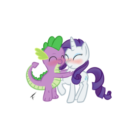 Size: 3325x3325 | Tagged: safe, artist:fullmoondagger, rarity, spike, dragon, pony, unicorn, g4, baby, baby dragon, blushing, cute, cutie mark, eyes closed, female, high res, horn, hug, male, mare, raised hoof, ship:sparity, shipping, signature, simple background, smiling, spikabetes, straight, transparent background